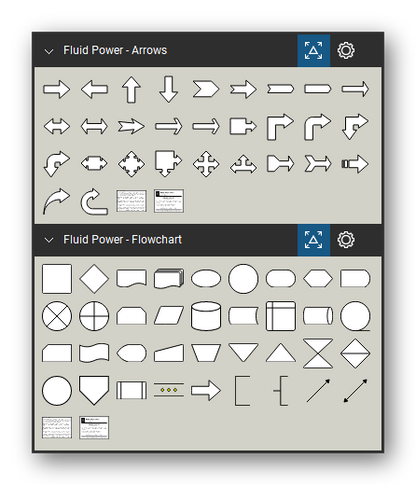 Fluid Power tool set for Bluebeam Revu, the Arrows and Flowchart sets in the Tool Chest - 29 block arrows and 36 flowchart symbols.