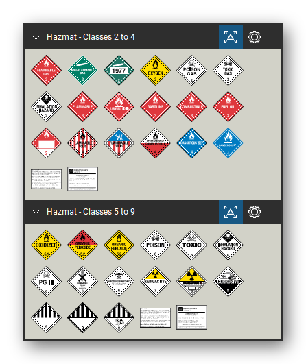 Hazmat Symbols tool set for Bluebeam Revu, the Classes 2 to 4 and Classes 5 to 9 sets in the Tool Chest - 18 gas, flammable liquid and flammable solid placards and 15 oxidizer, poison, radioactive, corrosive and class 9 placards. Tool Chest in Symbol view.