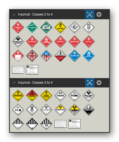 Hazmat Symbols tool set for Bluebeam Revu, the Classes 2 to 4 and Classes 5 to 9 sets in the Tool Chest - 18 gas, flammable liquid and flammable solid placards and 15 oxidizer, poison, radioactive, corrosive and class 9 placards. Tool Chest in Symbol view.
