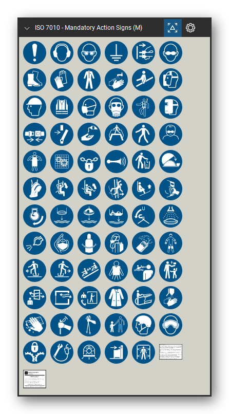 ISO 7010 Safety Signs tool set for Bluebeam Revu, Mandatory Action Signs (M) set - 71 blue mandatory action signs: general mandatory action sign, wear ear, eye, foot, hand, head and respiratory protection, high-visibility clothing, safety harness, face shield, welding mask, use handrail, use footbridge, disconnect before maintenance, keep locked, ventilate, wash and disinfect hands, and lifeboat launch sequence signs. Tool Chest in Symbol view.