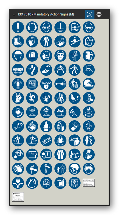 ISO 7010 Safety Signs tool set for Bluebeam Revu, Mandatory Action Signs (M) set - 71 blue mandatory action signs: general mandatory action sign, wear ear, eye, foot, hand, head and respiratory protection, high-visibility clothing, safety harness, face shield, welding mask, use handrail, use footbridge, disconnect before maintenance, keep locked, ventilate, wash and disinfect hands, and lifeboat launch sequence signs. Tool Chest in Symbol view.