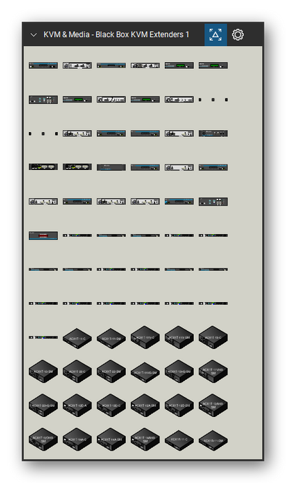 KVM, Console Servers & Media Converters tool set for Bluebeam Revu, Black Box KVM Extenders 1 set (tools 1-72 of 383) - 72 views of 43 devices, front and rear: ACR1002A-T, ACR1002A-R, ACR1000A, ACR1000A-CTL, ACR1000A-R, ACR1000A-T, RMK2004-2, ACR1000A-R-R2, DTX1002-R, DTX1002-T and 33 more. Tool Chest in Symbol view.