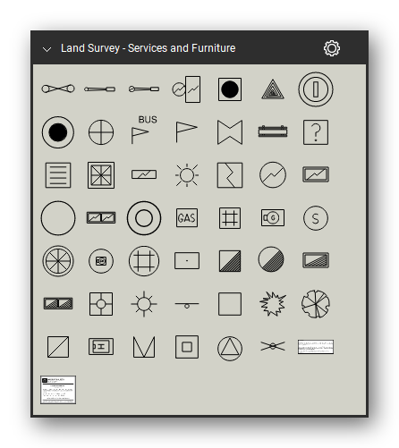 Land Survey tool set for Bluebeam Revu, Services and Furniture set - 48 service and street furniture symbols: electrical, telecom and optical fibre pits, pillars, markers and poles, gas mains, meters and valves, sewer manholes, lampholes and vent pipes, water air valves, hydrants, meters, pumps and taps, drainage gully pits and manholes, traffic lights and signal controllers, seats, bus stop signs, flag poles, post boxes, trees and shrubs. Tool Chest in Symbol view.