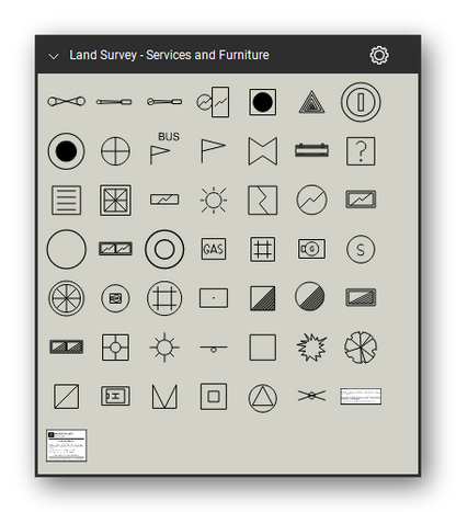 Land Survey tool set for Bluebeam Revu, Services and Furniture set - 48 service and street furniture symbols: electrical, telecom and optical fibre pits, pillars, markers and poles, gas mains, meters and valves, sewer manholes, lampholes and vent pipes, water air valves, hydrants, meters, pumps and taps, drainage gully pits and manholes, traffic lights and signal controllers, seats, bus stop signs, flag poles, post boxes, trees and shrubs. Tool Chest in Symbol view.