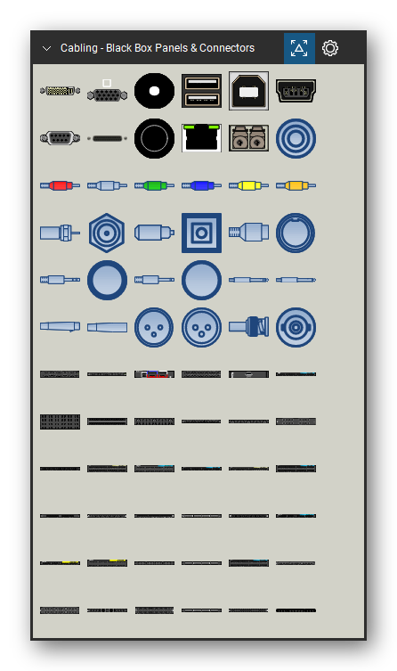 Patch Panels, Fiber & Outlets tool set for Bluebeam Revu, Black Box Panels & Connectors set (tools 1-72 of 138) - 72 views of 71 devices, front and rear: DVI, VGA, 2.5mm Barrel, USB Type A (2-port), USB Type B, USB Mini, DB9, DB25, 3.5mm Audio, RJ45 Receptacle and 61 more. Tool Chest in Symbol view.