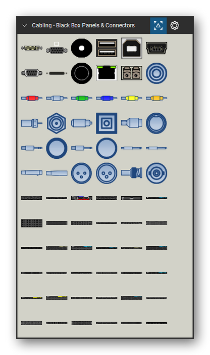 Patch Panels, Fiber & Outlets tool set for Bluebeam Revu, Black Box Panels & Connectors set (tools 1-72 of 138) - 72 views of 71 devices, front and rear: DVI, VGA, 2.5mm Barrel, USB Type A (2-port), USB Type B, USB Mini, DB9, DB25, 3.5mm Audio, RJ45 Receptacle and 61 more. Tool Chest in Symbol view.