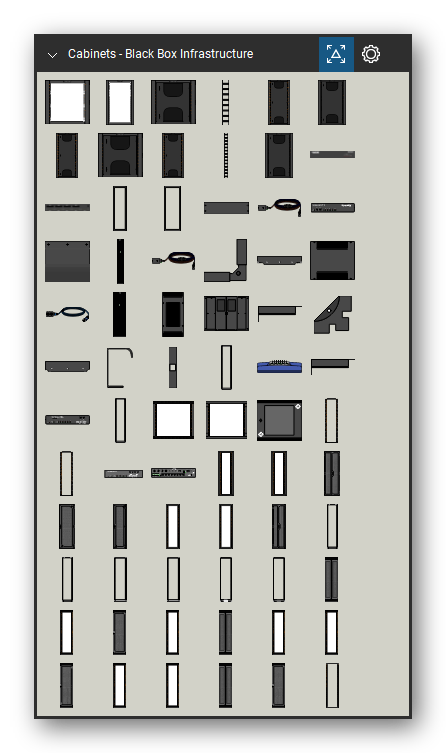 Racks, Cabinets & Cable Pathways tool set for Bluebeam Revu, Black Box Infrastructure set (tools 1-72 of 126) - 72 views of 48 devices, front and rear: EWM12U242424-R2, EWM20U362424-R2, EWM12U242430-R2, RM650, EWM26U482424-R2, EWM20U362430-R2, EWM26U482430-R2, EWM12U242418-R2, EWM26U482418-R2, RM651 and 38 more. Tool Chest in Symbol view.