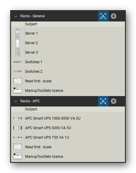 Racks tool set for Bluebeam Revu, the General Rack Equipment and APC sets (part 2 of 2) in the Tool Chest - 19 generic rack tools and 3 APC Smart-UPS units. Tool Chest in Detail view, one row per tool with its name.