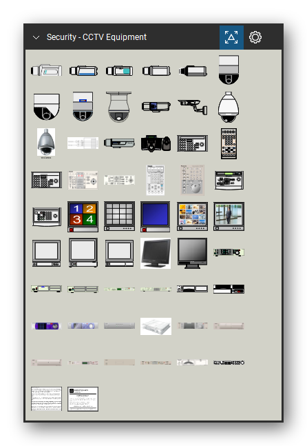 Security & Surveillance tool set for Bluebeam Revu, CCTV Equipment set - 54 tools: Box Camera with Cyan Side Stripes, Box Camera with Blue Side Stripe, Box Camera with Cyan Side Panel, Box Camera with Grey Lens Collar, Box Camera with Black Lens Hood, Dome Camera, Ribbed Housing, Dome Camera, Smoked Dome, Dome Camera, Ribbed Housing with Badge, WVCS954, WVCP484 and 44 more. Tool Chest in Symbol view.