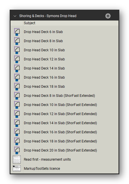 Symons drop head symbols in the Shoring & Elevated Decks Takeoff & Estimating Bluebeam tool set