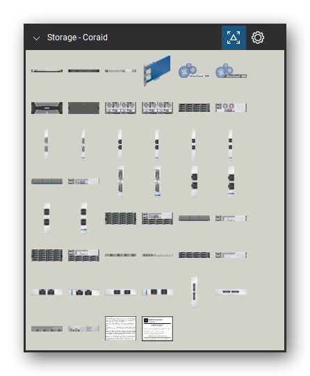 Storage & Backup tool set for Bluebeam Revu, Coraid set - 44 views of 35 devices, front and rear: ESM1500, ESM1500 front (no bezel), HBA icon, EtherCloud EM (Element Manager), EtherCloud GM (Global Manager), EX3260, EX3260 front (no bezel), EX3260-R2, EX3260-S2, SRX2800 and 25 more. Tool Chest in Symbol view.