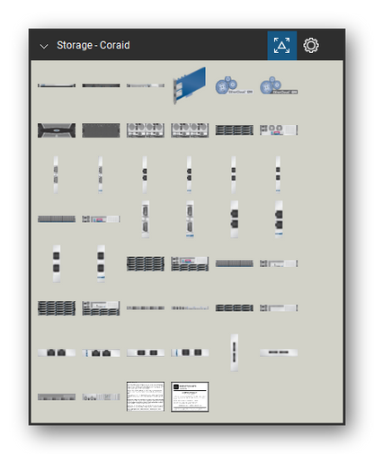 Storage & Backup tool set for Bluebeam Revu, Coraid set - 44 views of 35 devices, front and rear: ESM1500, ESM1500 front (no bezel), HBA icon, EtherCloud EM (Element Manager), EtherCloud GM (Global Manager), EX3260, EX3260 front (no bezel), EX3260-R2, EX3260-S2, SRX2800 and 25 more. Tool Chest in Symbol view.