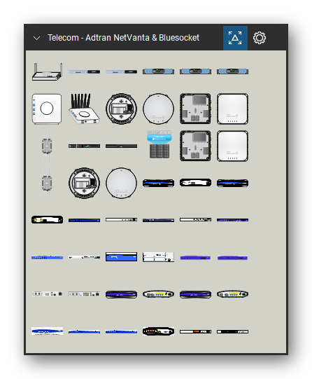 Telecom, Voice & Wireless tool set for Bluebeam Revu, Adtran NetVanta & Bluesocket set (tools 1-48 of 117) - 48 views of 30 devices, front, rear, top and bottom: AP-15XX, BSC-600, BSC-1200, BSC-2200, BSC-3200, BVMS, BSAP-1800, BSAP-1840, BSAP 192X, BSAP 193X and 20 more. Tool Chest in Symbol view.