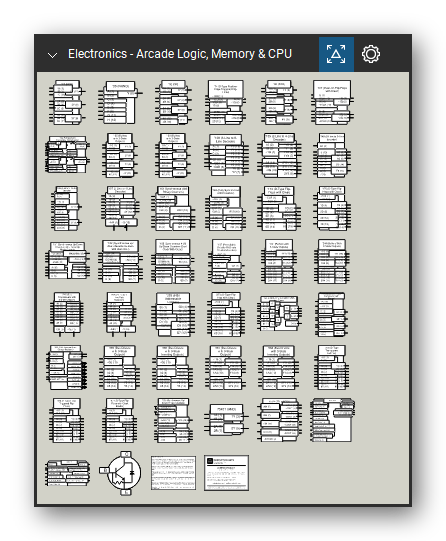 Automation & Electronics tool set for Bluebeam Revu, Arcade Logic, Memory & CPU set (tools 49-92 of 92) - 44 tools: '27, '30, '32, '74, '86, '107, '123, '125, '126, '138 and 34 more. Tool Chest in Symbol view.