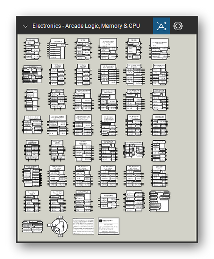 Automation & Electronics tool set for Bluebeam Revu, Arcade Logic, Memory & CPU set (tools 49-92 of 92) - 44 tools: '27, '30, '32, '74, '86, '107, '123, '125, '126, '138 and 34 more. Tool Chest in Symbol view.