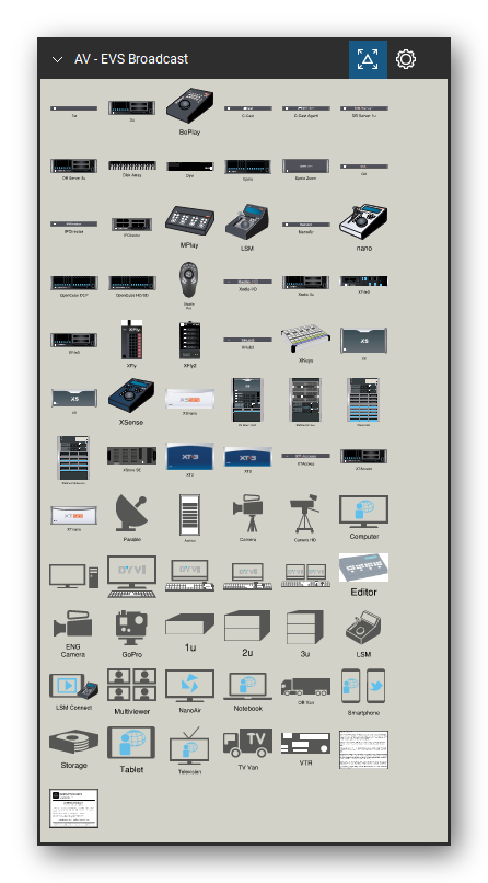 AV, Broadcast & Stage Lighting tool set for Bluebeam Revu, EVS Broadcast set - 71 tools: EVS 1U Server, EVS 3U Server, BEPlay Remote, C-Cast, C-Cast Agent, DB Server 1u, DB Server 3u, Disk Array, Dyvi, Epsio and 61 more. Tool Chest in Symbol view.