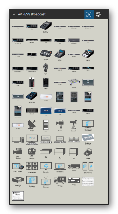 AV, Broadcast & Stage Lighting tool set for Bluebeam Revu, EVS Broadcast set - 71 tools: EVS 1U Server, EVS 3U Server, BEPlay Remote, C-Cast, C-Cast Agent, DB Server 1u, DB Server 3u, Disk Array, Dyvi, Epsio and 61 more. Tool Chest in Symbol view.