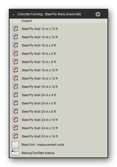 Steel ply walls hand in the Concrete Forming Takeoff & Estimating Bluebeam tool set (sheet 3 of 3)