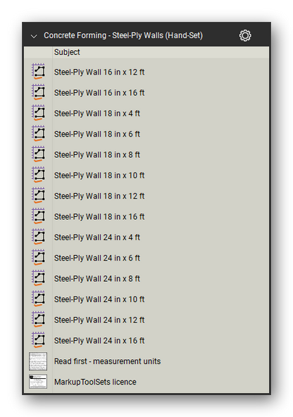 Steel ply walls hand in the Concrete Forming Takeoff & Estimating Bluebeam tool set (sheet 3 of 3)