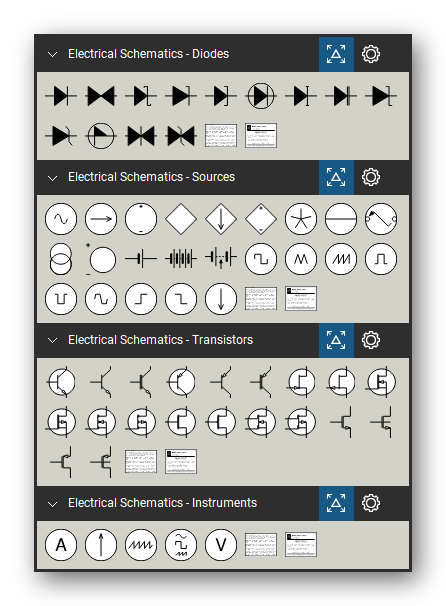 Electrical Schematics tool set for Bluebeam Revu, the Diodes, Sources, Transistors and Instruments sets in the Tool Chest - 13 diodes, 23 sources and batteries, 20 transistors and 5 instruments.