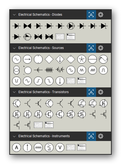 Electrical Schematics tool set for Bluebeam Revu, the Diodes, Sources, Transistors and Instruments sets in the Tool Chest - 13 diodes, 23 sources and batteries, 20 transistors and 5 instruments.