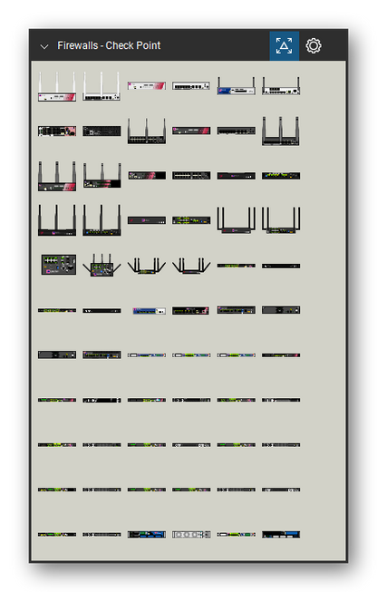 Firewalls & Security Appliances tool set for Bluebeam Revu, Check Point set (tools 1-66 of 279) - 66 views of 42 devices, front and rear: 730-750 WiFi, 730-750 Wired, 1100 WiFi, 1200R, 1470/1490 WiFi, 1430-1450 Wired, 1430/1450 Wired, 1430/1450 WiFi, 1470-1490 Wired, 1470/1490 Wired and 32 more. Tool Chest in Symbol view.