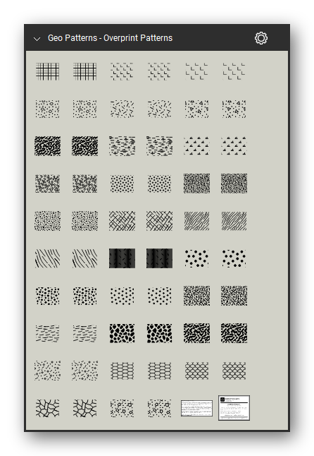 Geologic Hatch Patterns & Map Units tool set for Bluebeam Revu: Overprint Patterns set, tools 121-178 of 178 - Metamorphic & misc. pattern 406 (square grid), Metamorphic & misc. pattern 411 (small L-shapes), Metamorphic & misc. pattern 412 (large L-shapes), Metamorphic & misc. pattern 416 (small loops and dots), Metamorphic & misc. pattern 417 (random dashes and dots) and 24 more. Tool Chest in Symbol view.