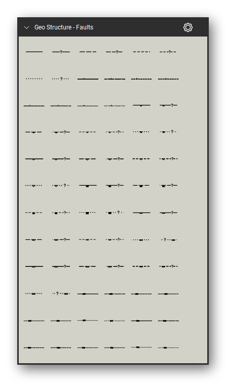 Geologic Structure & Mapping tool set for Bluebeam Revu: Faults set, tools 1-72 of 200 (2.1.1 to 2.6.16) - Fault (generic), Normal fault, Low-angle normal fault, Low-angle fault (sense of slip unknown), Reverse fault, Rotational or scissor fault, reverse-slip offset, Rotational or scissor fault, normal-slip offset, Strike-slip fault, right-lateral offset and Strike-slip fault, left-lateral offset. Tool Chest in Symbol view.