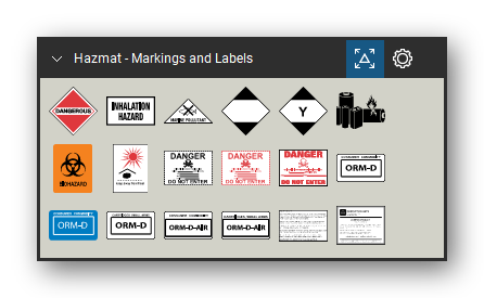 Hazmat Symbols tool set for Bluebeam Revu, Markings and Labels set - 16 hazmat markings and labels: the Dangerous placard, inhalation hazard, marine pollutant, limited quantity and limited quantity air, lithium batteries, biohazard, keep away from heat, fumigant markings in black and red, fumigation danger do not enter, and the ORM-D and ORM-D-AIR consumer commodity and cartridges, small arms markings. Tool Chest in Symbol view.