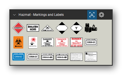 Hazmat Symbols tool set for Bluebeam Revu, Markings and Labels set - 16 hazmat markings and labels: the Dangerous placard, inhalation hazard, marine pollutant, limited quantity and limited quantity air, lithium batteries, biohazard, keep away from heat, fumigant markings in black and red, fumigation danger do not enter, and the ORM-D and ORM-D-AIR consumer commodity and cartridges, small arms markings. Tool Chest in Symbol view.