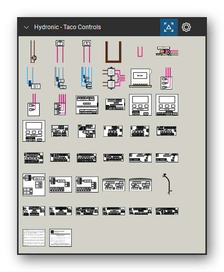 Hydronic Heating & Controls tool set for Bluebeam Revu, Taco Controls set - 42 tools: Pump, Thermostat, Aquastat, Big Jumper, Small Jumper, Power Supply, Single Sensor with Wiring, Two Sensors with Wiring, Three Sensors with Wiring, Factory Installed Transformer and 32 more. Tool Chest in Symbol view.