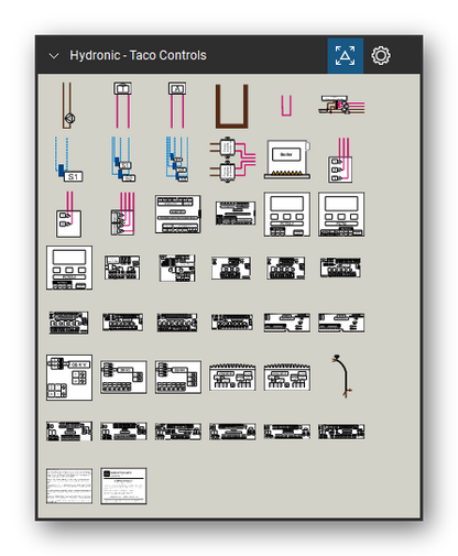 Hydronic Heating & Controls tool set for Bluebeam Revu, Taco Controls set - 42 tools: Pump, Thermostat, Aquastat, Big Jumper, Small Jumper, Power Supply, Single Sensor with Wiring, Two Sensors with Wiring, Three Sensors with Wiring, Factory Installed Transformer and 32 more. Tool Chest in Symbol view.