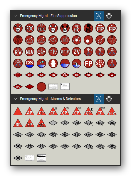 Incident & Emergency Management tool set for Bluebeam Revu, the Fire Suppression and Alarms & Detectors sets in the Tool Chest - Fire Suppression (48 tools) and Alarms & Detectors (37 tools).