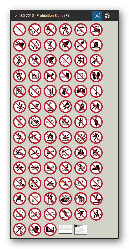 ISO 7010 Safety Signs tool set for Bluebeam Revu, Prohibition Signs (P) set - 81 prohibition signs, red ring and bar: general prohibition sign, no smoking, no open flame, no thoroughfare, not drinking water, no access for forklift trucks, no access for people with implanted cardiac devices, do not touch, do not extinguish with water, no mobile phones, do not use lift in the event of fire, do not obstruct, hot works prohibited, no access for unauthorized persons and more. Tool Chest in Symbol view.
