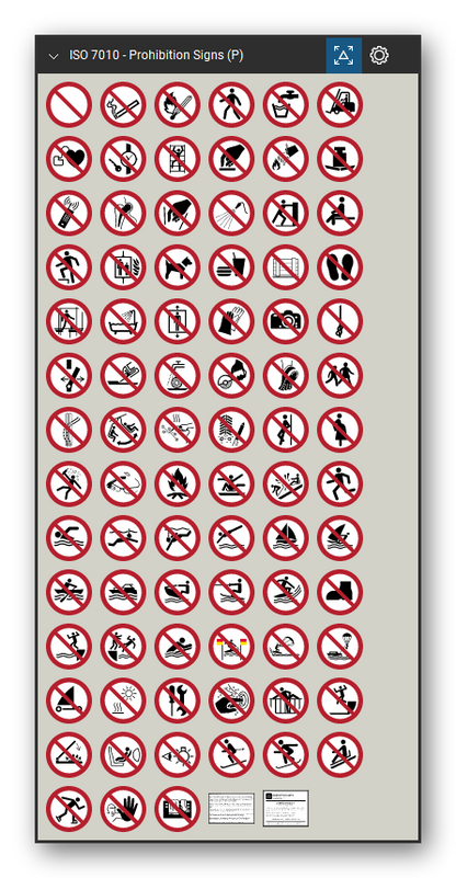 ISO 7010 Safety Signs tool set for Bluebeam Revu, Prohibition Signs (P) set - 81 prohibition signs, red ring and bar: general prohibition sign, no smoking, no open flame, no thoroughfare, not drinking water, no access for forklift trucks, no access for people with implanted cardiac devices, do not touch, do not extinguish with water, no mobile phones, do not use lift in the event of fire, do not obstruct, hot works prohibited, no access for unauthorized persons and more. Tool Chest in Symbol view.