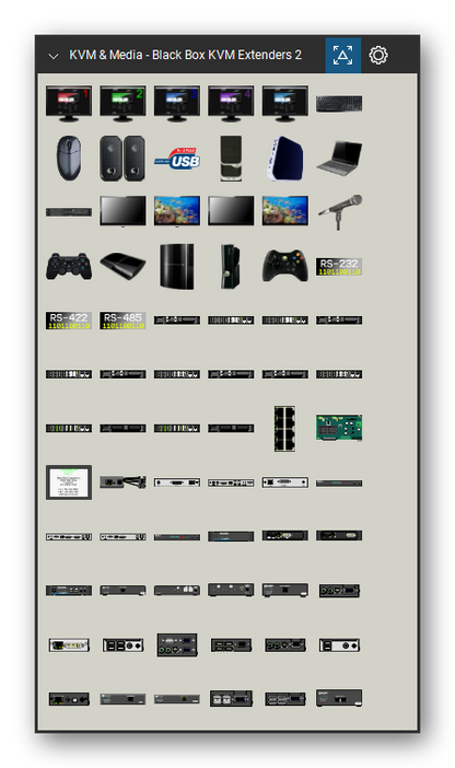 KVM, Console Servers & Media Converters tool set for Bluebeam Revu, Black Box KVM Extenders 2 set (tools 1-72 of 86) - 72 views of 57 devices, front and rear: LCD Monitor 1, LCD Monitor 2, LCD Monitor 3, LCD Monitor 4, LCD Monitor Generic, USB Keyboard, USB Mouse, Speakers, USB 2.0 Device, Desktop Computer Tower and 47 more. Tool Chest in Symbol view.