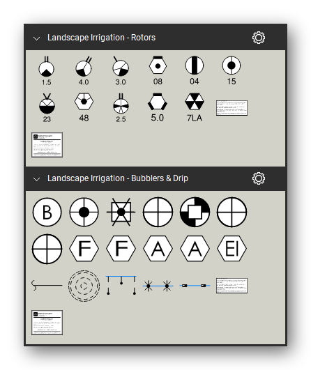 Landscape Irrigation tool set for Bluebeam Revu, the Rotors and Bubblers & Drip sets in the Tool Chest - 11 rotors with editable nozzle numbers and 17 bubblers and drip components. Tool Chest in Symbol view.