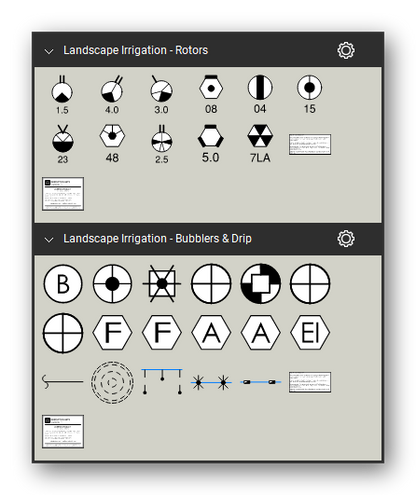 Landscape Irrigation tool set for Bluebeam Revu, the Rotors and Bubblers & Drip sets in the Tool Chest - 11 rotors with editable nozzle numbers and 17 bubblers and drip components. Tool Chest in Symbol view.