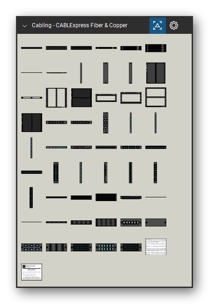 Patch Panels, Fiber & Outlets tool set for Bluebeam Revu, CABLExpress Fiber & Copper set - 53 tools: 1UCOPPER24FP, 2UCOPPER48FP, 2UCOPPER72FP, CBX-HP-1U3, CBX-HP-2U6, CBX-HP-4U12, CBX-HP-Blank, CBX-HP-M48LCxx, CBX-HB-BRCD, CBX-HB-VH04 and 43 more. Tool Chest in Symbol view.