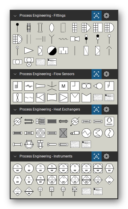 Process Engineering tool set for Bluebeam Revu, the Fittings, Flow Sensors, Heat Exchangers and Instruments sets in the Tool Chest - 29 pipe fittings, 16 flow sensors, 23 heat exchangers and 24 instrument bubbles with editable tags.