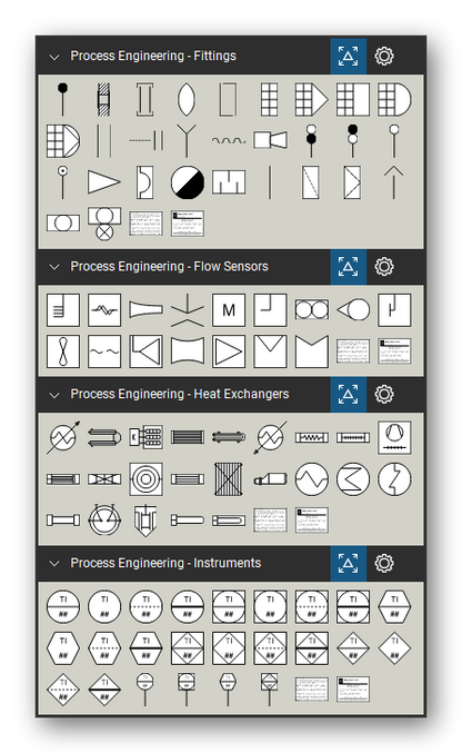 Process Engineering tool set for Bluebeam Revu, the Fittings, Flow Sensors, Heat Exchangers and Instruments sets in the Tool Chest - 29 pipe fittings, 16 flow sensors, 23 heat exchangers and 24 instrument bubbles with editable tags.