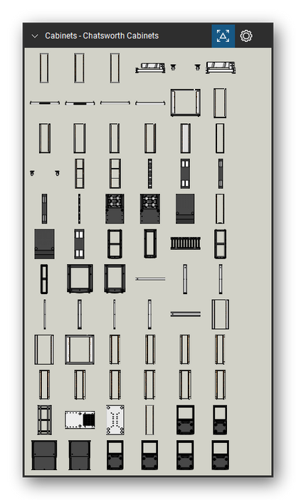 Racks, Cabinets & Cable Pathways tool set for Bluebeam Revu, Chatsworth Cabinets set (tools 1-72 of 120) - 72 views of 71 devices, front and top: C1062-102, C1262-102, C1162-102, 23Inch Sliding Shelf, 19Inch Caster Set, 19Inch Sliding Shelf, Chatsworth 12495-123, 19Inch Monitor / Keyboard Shelf, 23Inch Fixed Shelf, 19Inch Fixed Shelf and 61 more. Tool Chest in Symbol view.