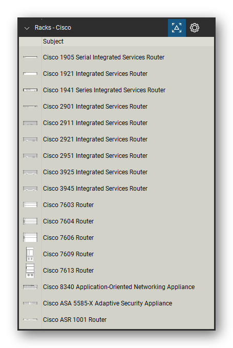 Racks tool set for Bluebeam Revu, Cisco set (part 1 of 6) - 101 Cisco devices: integrated services routers, 7600 and ASR routers, Catalyst and Nexus switches, ONS platforms, UCS servers and fabric interconnects, WAE and WAVE appliances and security appliances. Tool Chest in Detail view, one row per tool with its name.