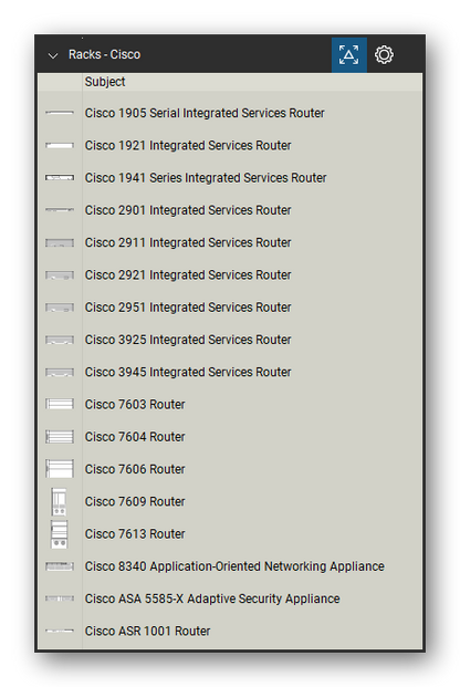 Racks tool set for Bluebeam Revu, Cisco set (part 1 of 6) - 101 Cisco devices: integrated services routers, 7600 and ASR routers, Catalyst and Nexus switches, ONS platforms, UCS servers and fabric interconnects, WAE and WAVE appliances and security appliances. Tool Chest in Detail view, one row per tool with its name.