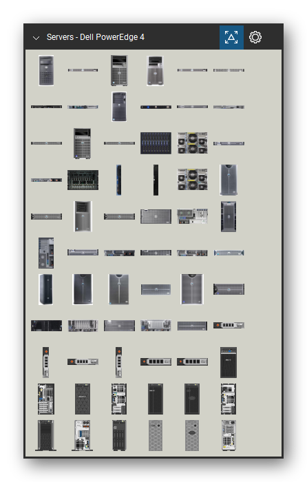 Servers tool set for Bluebeam Revu, Dell PowerEdge 4 set (tools 1-66 of 222) - 66 views of 55 devices, front and rear: SC430, Dell 750, Dell 800, Dell 830, Dell 850, 860 (bezel), 860 (no bezel), 860, SC1420, SC1425 and 45 more. Tool Chest in Symbol view.