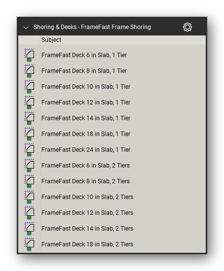 Framefast frame symbols in the Shoring & Elevated Decks Takeoff & Estimating Bluebeam tool set (sheet 1 of 2)
