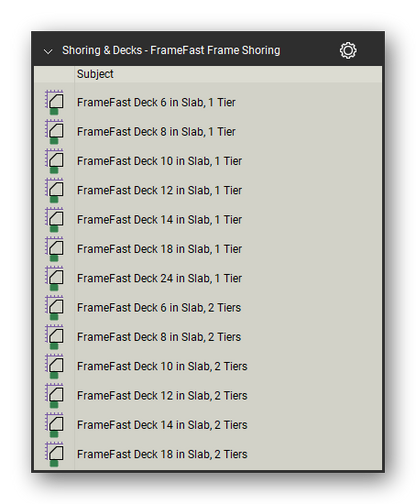 Framefast frame symbols in the Shoring & Elevated Decks Takeoff & Estimating Bluebeam tool set (sheet 1 of 2)