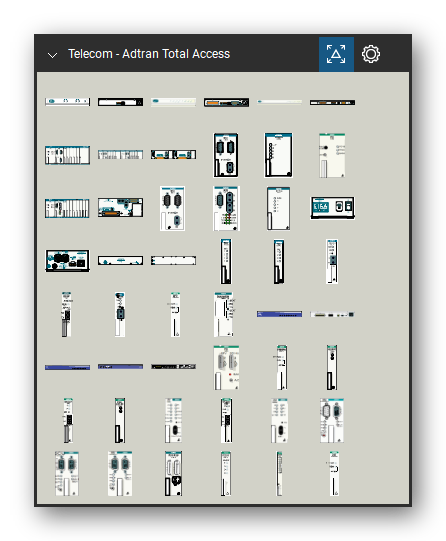 Telecom, Voice & Wireless tool set for Bluebeam Revu, Adtran Total Access set (tools 1-48 of 85) - 48 views of 41 devices, front and rear: TA 600R, TA 604/608, TA 612/616/624, TA 612/616/624Back, TA 750, TA 750 Dual Chassis, TA 750 BCU L1, TA 750 V.35 Module, TA 750/850 PSU, TA 850 and 31 more. Tool Chest in Symbol view.
