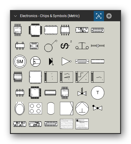Automation & Electronics tool set for Bluebeam Revu, Chips & Symbols (Metric) set - 39 tools: 555 - MSOP8, ICL7106 - (QFP-44), LM394 - DIP8, MAX481 - SO8, CMOS 4000, CMOS 4566, 741G00 - (SOT23), 74HC164 - QFN14, Two pole switch, Switch - 2 way and 29 more. Tool Chest in Symbol view.