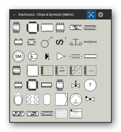 Automation & Electronics tool set for Bluebeam Revu, Chips & Symbols (Metric) set - 39 tools: 555 - MSOP8, ICL7106 - (QFP-44), LM394 - DIP8, MAX481 - SO8, CMOS 4000, CMOS 4566, 741G00 - (SOT23), 74HC164 - QFN14, Two pole switch, Switch - 2 way and 29 more. Tool Chest in Symbol view.